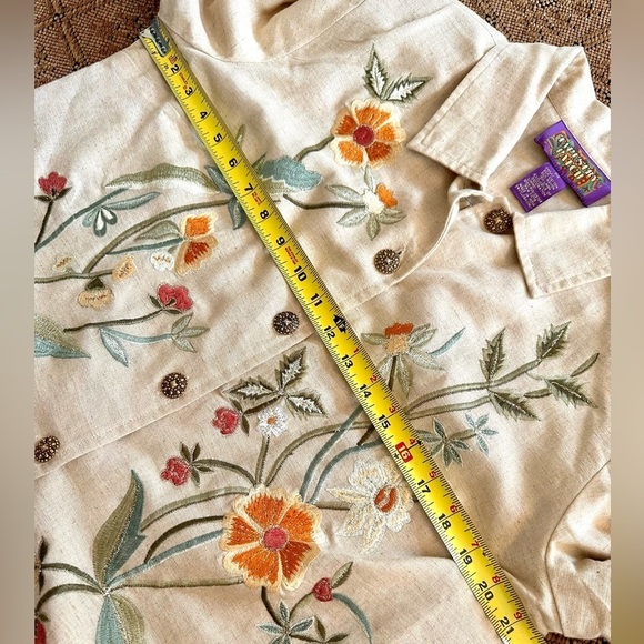 Tapestry Patch Beige Linen Floral Embroidered Lined Jacket Chunky Button Medium - Picture 8 of 9